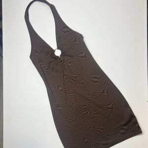 Divided Brown Swirl Halter Mini Dress